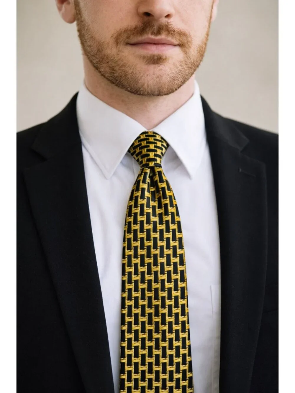 Irish Print Pure Silk Tie Black Gold Geometric Pattern Ireland Vintage